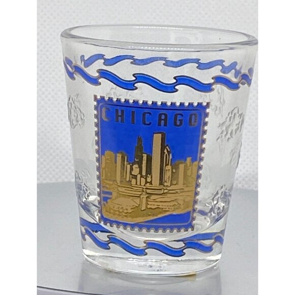 Vintage Chicago Blue And Gold Shot Glass w/ embossed raised pattern clouds - Picture 2 of 7